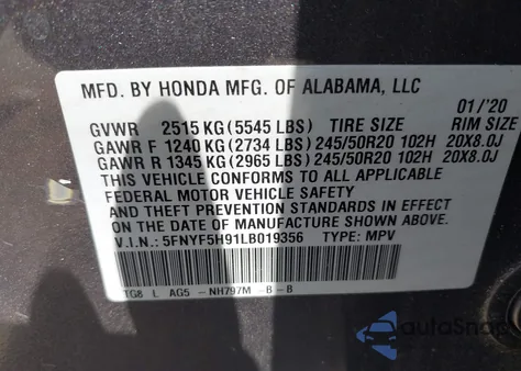 2020 Honda Pilot 2Wd Touring 8 Passenger z USA, uszkodzony, nr VIN 5FNYF5H91LB019356